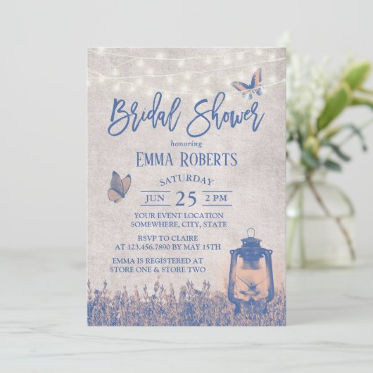 Vintager Laternenschmetterling und Blume Brautpart Einladung (Stehend Vorderseite)