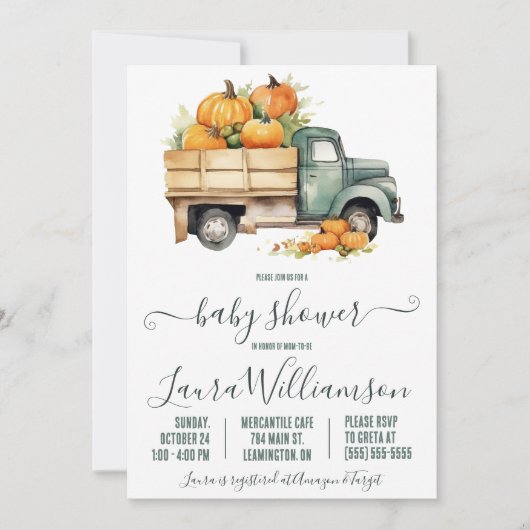 Vintager Lieferwagen LKW mit Pumpkins Kinderdusche Einladung (Vorderseite)