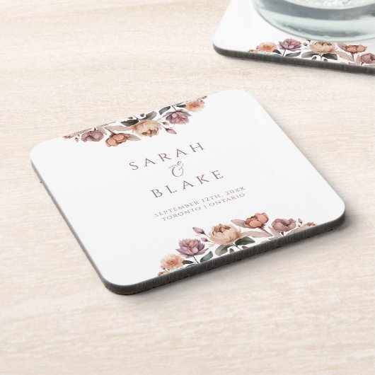 Vintager Lila Blumengarten Hochzeitsvorzug Getränkeuntersetzer (Linke Seite)