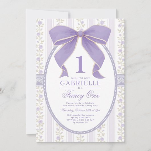 Vintager Lila Bow Extravagant 1. Geburtstag Einladung (Vorderseite)