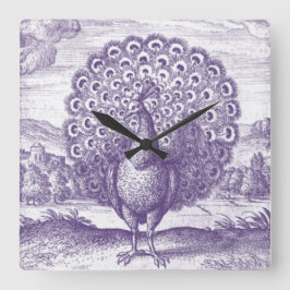 Vintager Lila Pfau Quadratische Wanduhr