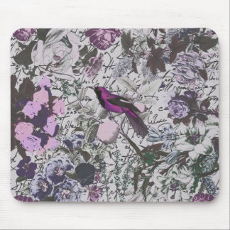 Vintager lila Vogel und Blumendruck mit Skript Mousepad