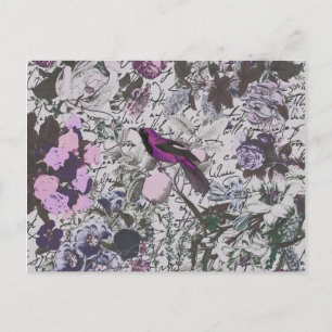 Vintager Lila Vogel- und Blumendruck mit Skript Postkarte