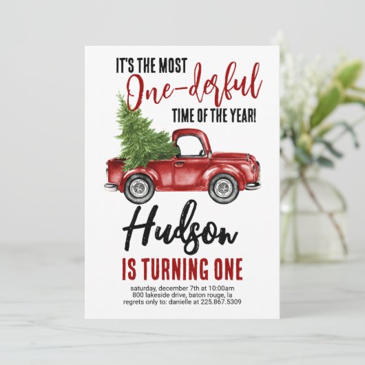 Vintager LKW Eins Geburtstag Einladung (Stehend Vorderseite)