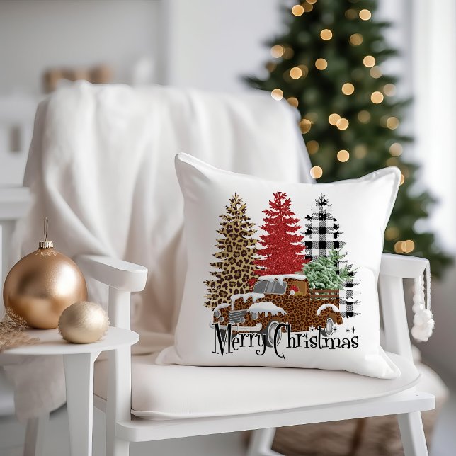 Vintager LKW Geländedecke Frohe Weihnachten Kissen (Vintage truck and buffalo plaid Christmas trees "Merry Christmas" decorator pillow)