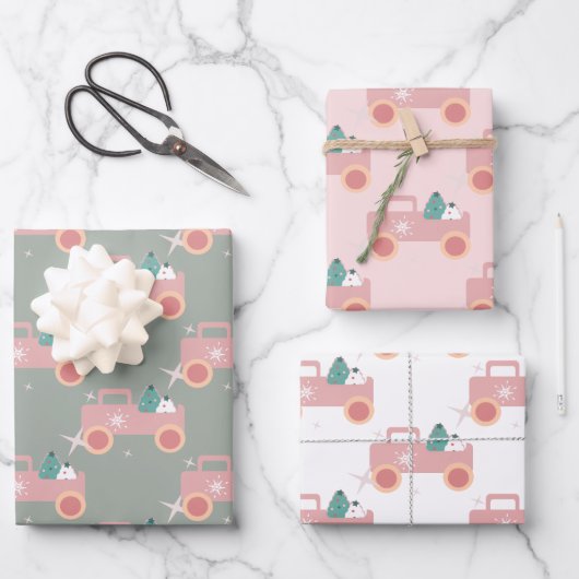 Vintager LKW Groovy Weihnachtskekse Rosa Geschenkpapier Set (Vorderseite)