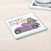 Vintager LKW-lila Gingham-glücklicher Osterhase Rechteckiger Pappuntersetzer (angewinkelt)