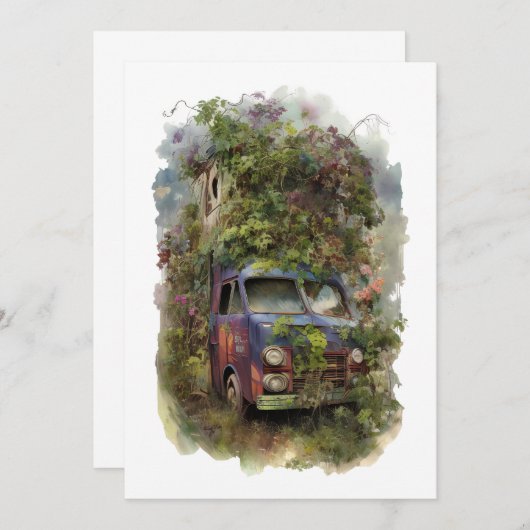 Vintager LKW mit Blume Einladung (Vorne/Hinten)