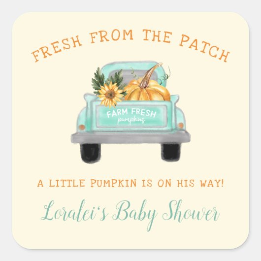Vintager LKW mit Pumpkin Autumn Babydusche Quadratischer Aufkleber (Vorderseite)