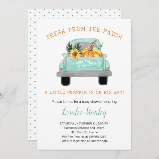 Vintager LKW mit Pumpkin Fall Babydusche Einladung (Vorne/Hinten)