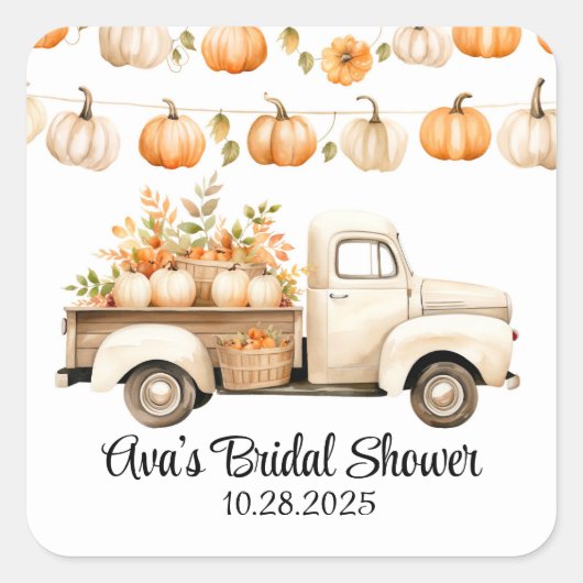 Vintager LKW mit Pumpkins-Brautparty Quadratischer Aufkleber (Vorderseite)