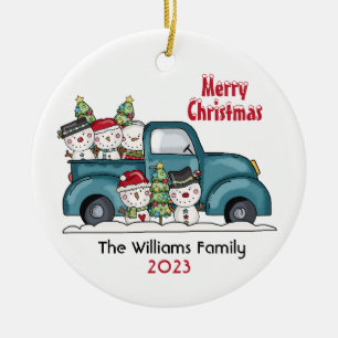 Vintager LKW mit Schneehochfamilie Keramik Ornament