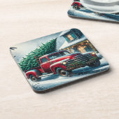 Vintager LKW mit Weihnachtsbaum Personalisiert Getränkeuntersetzer (Linke Seite)