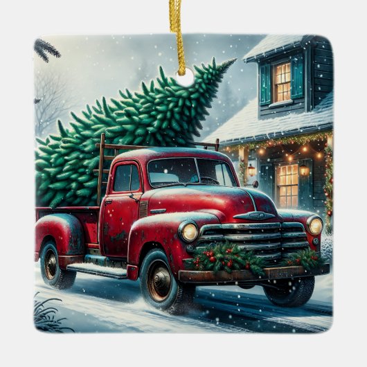 Vintager LKW mit Weihnachtsbaum Personalisiert Keramikornament (Vorderseite)