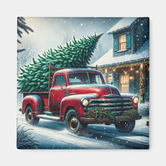 Vintager LKW mit Weihnachtsbaum Personalisiert Magnet (Vorne)