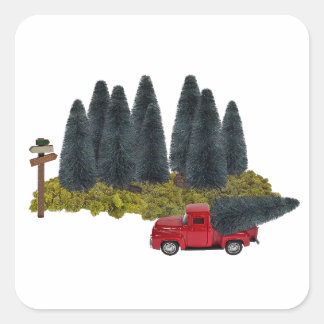 Vintager LKW mit Weihnachtsbaum Quadratischer Aufkleber