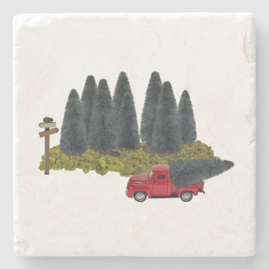 Vintager LKW mit Weihnachtsbaum Steinuntersetzer (Vorderseite)