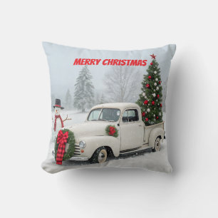 Vintager LKW mit Weihnachtsbaum und Schneemann Kissen