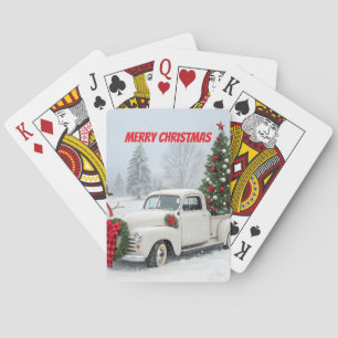 Vintager LKW mit Weihnachtsbaum und Schneemann Spielkarten