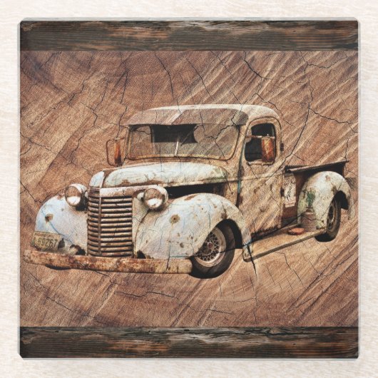 Vintager LKW Rustikaler Untersetzer aus Holzglas (Vorderseite)