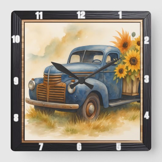 Vintager LKW-Sonnenblumenbetrieb Quadratische Wanduhr (Vorderseite)