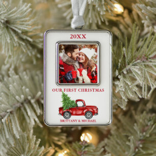 Vintager Lkw Unser Erstes Weihnachtslied Foto Rot Rahmen-Ornament Silber
