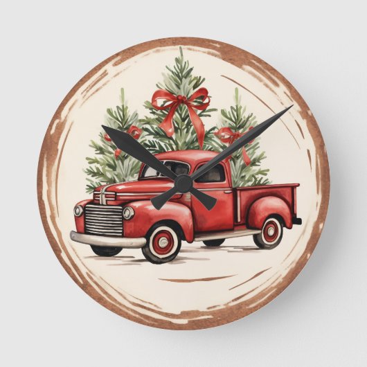 Vintager LKW Weihnachten Runde Wanduhr (Vorderseite)