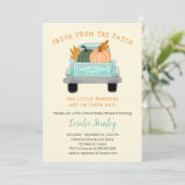 Vintager LKW Zwei Pumpkins Fall Twins Kinderdusche Einladung (Stehend Vorderseite)