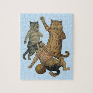 Vintager lustiger Fußball, der Katzen spielt Puzzle