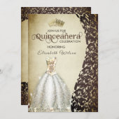 Vintager Luxusdamask gold tiara Quinceañera Inv Einladung (Vorne/Hinten)