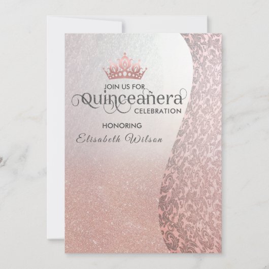 Vintager Luxusdamast Tiara Quinceañera Einladung (Vorderseite)