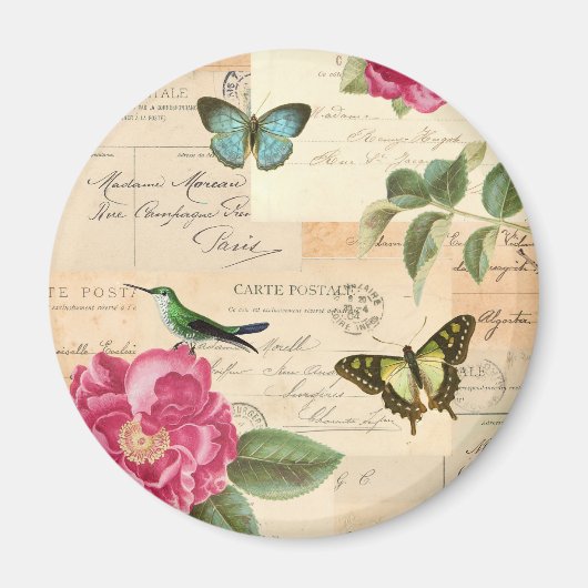 Vintager Magnet mit Rose und Schmetterlingen (Vorne)