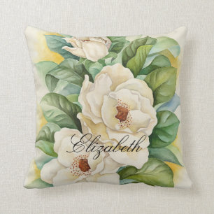 Vintager Magnolia-Kundenname Floral Wasserfarbe Kissen