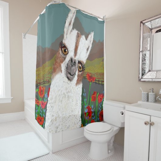 Vintager Mama Llama in einem Mohnfeld Duschvorhang (Beispiel)