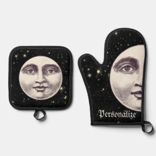 Vintager Mann im Mond Vollgesicht Schwarz-weißer S Ofenhandschuh & Topflappen-Set