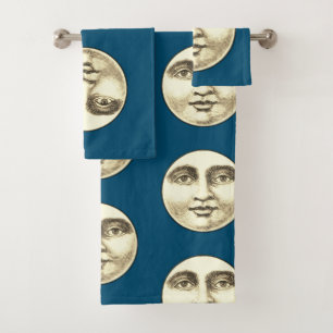 Vintager Mann im Mond, vollgesichtig blaue Sepia Badhandtuch Set