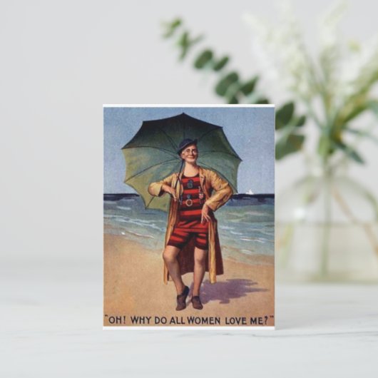 Vintager Mann Meeresbadewanne Anzug Regenschirmpos Postkarte (Stehend Vorderseite)
