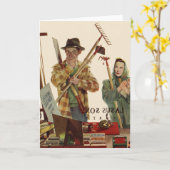 Vintager Mann und Ehefrau mit Gartenwerkzeugen Karte (Gelbe Blume)