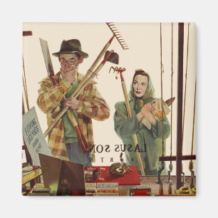 Vintager Mann und Ehefrau mit Gartenwerkzeugen Magnet