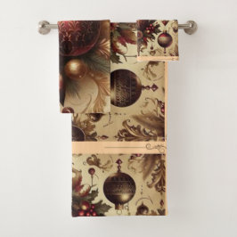 Vintager Maroon und Gold Weihnachten Badhandtuch Set