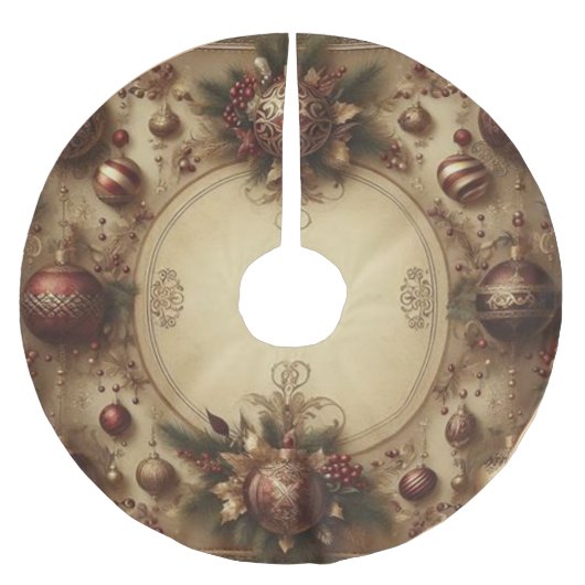 Vintager Maroon und Gold Weihnachten Polyester Weihnachtsbaumdecke (Vorderseite)