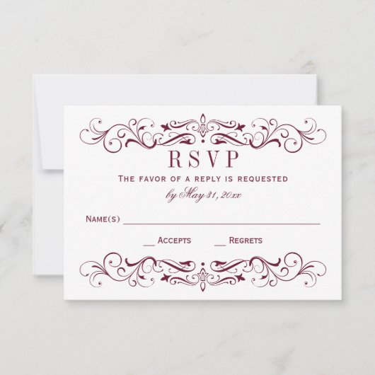 Vintager Maroon und Silver Blüh Hochzeit RSVP Karte (Vorderseite)