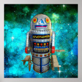 Vintager Metallspielzeug-Roboter in blauer Galaxie Poster (Vorne)