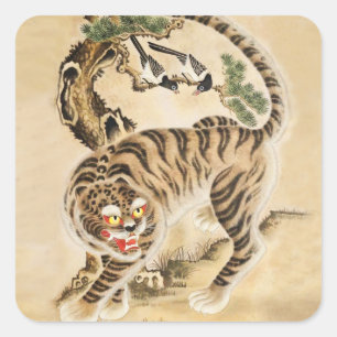 Vintager Minhwa Tiger unter Kiefernwald Quadratischer Aufkleber