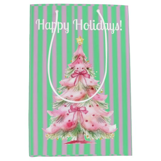 Vintager Mint Green Pink Streifen Weihnachtsbaum Mittlere Geschenktüte (Vorderseite)