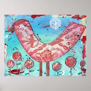 Vintager Mixed Media Fabric Red Bird Print Poster