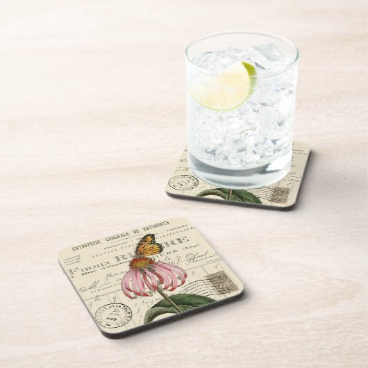 Vintager Monarchschmetterling und Dokumente Unters Getränkeuntersetzer (Rechte Seite)