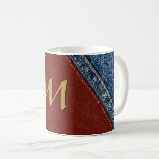 Vintager Monogramm-Denim und Leder Kaffeetasse (VorderseiteRechts)