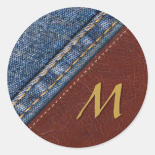 Vintager Monogramm-Denim und Leder Runder Aufkleber
