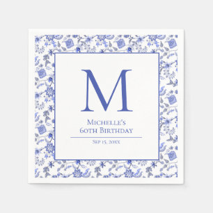 Vintager Monorgam Blaue Flora Geburtstag Serviette